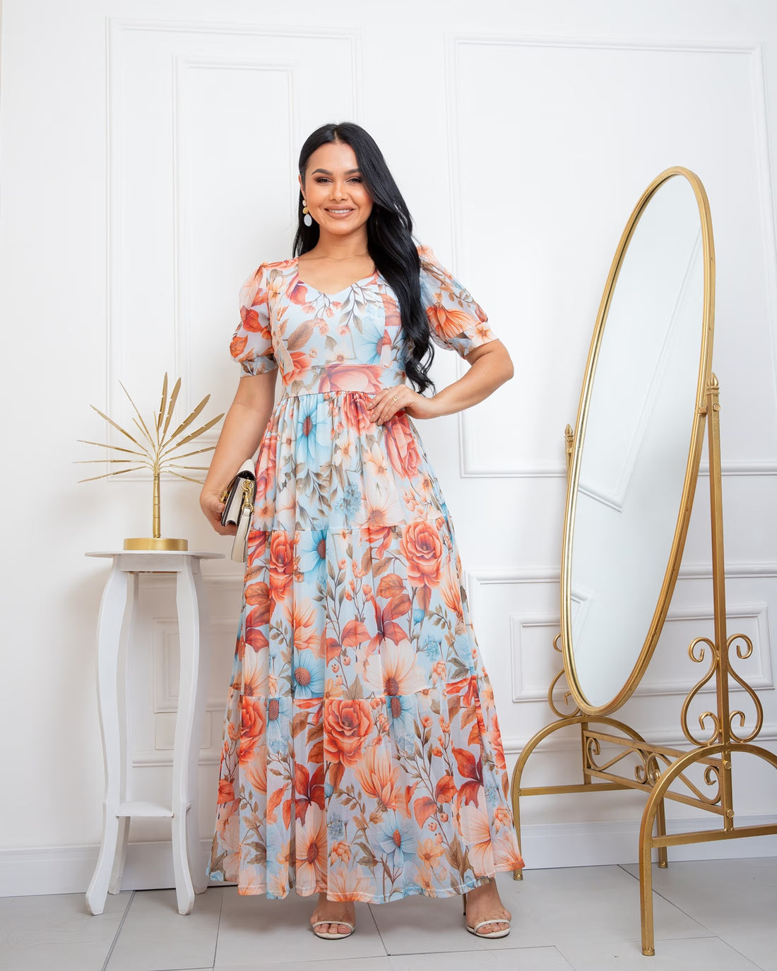 Vestido Longo Em Tule Estampado