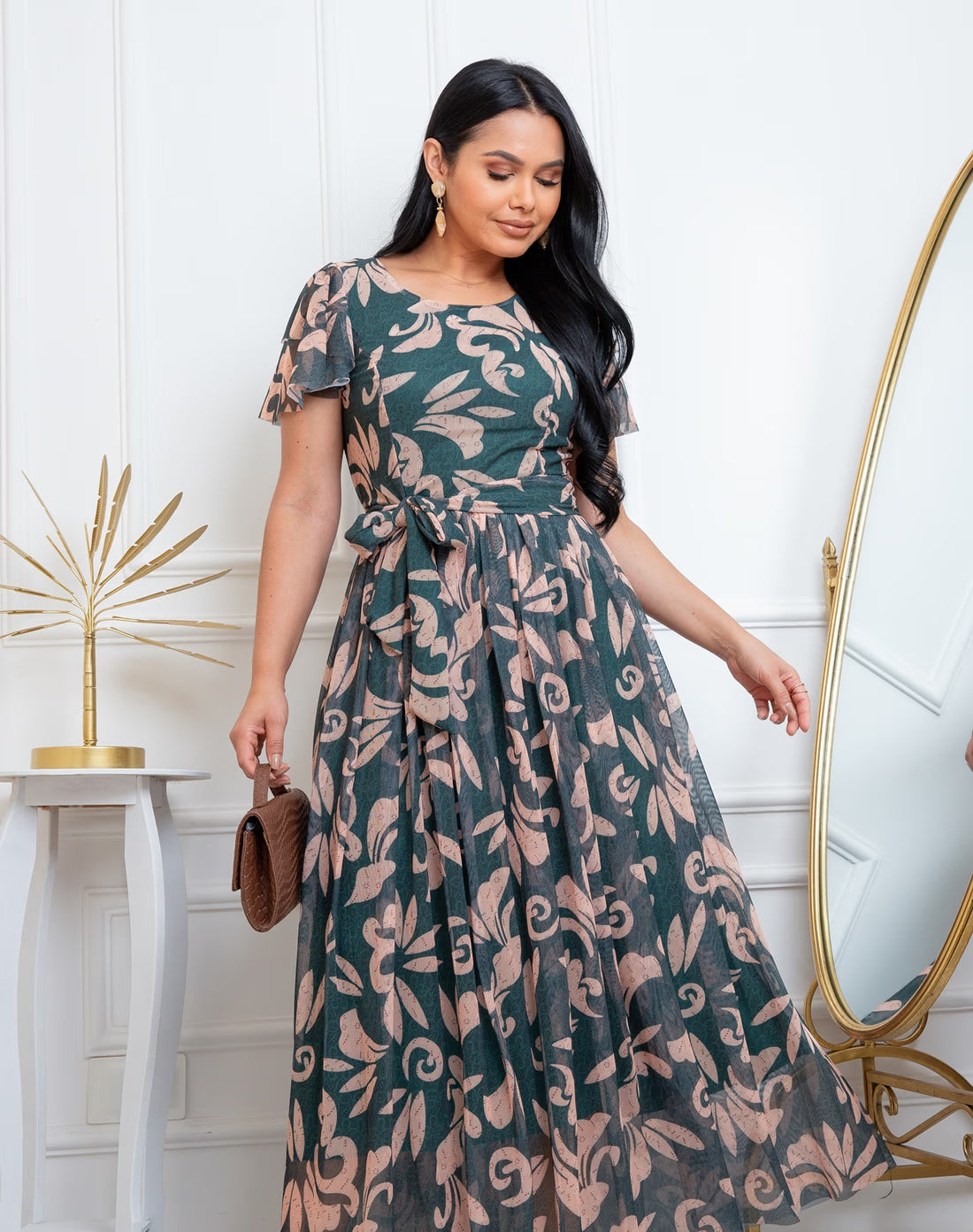 Vestido Longo No Tule Estampado Manga Solta