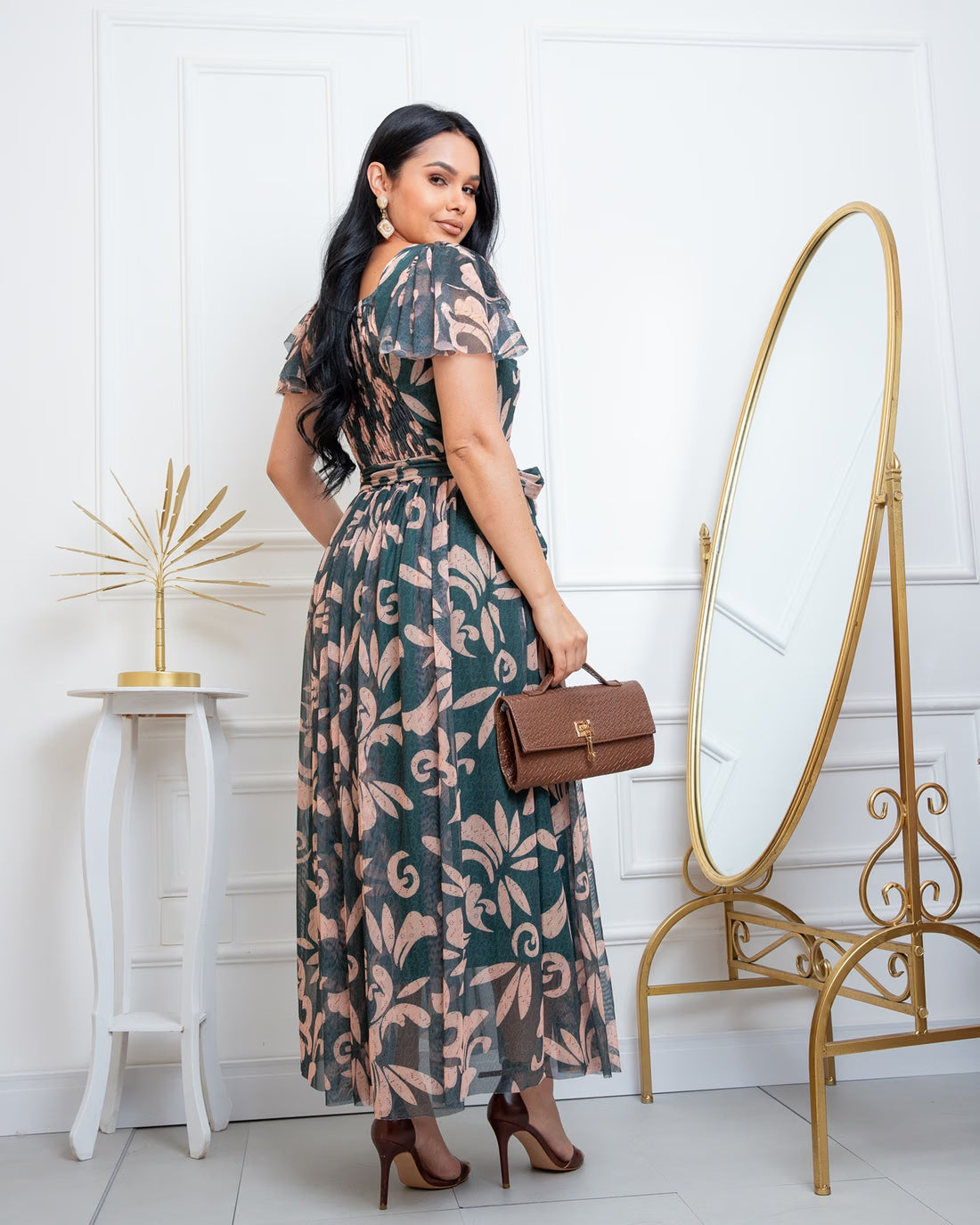 Vestido Longo No Tule Estampado Manga Solta