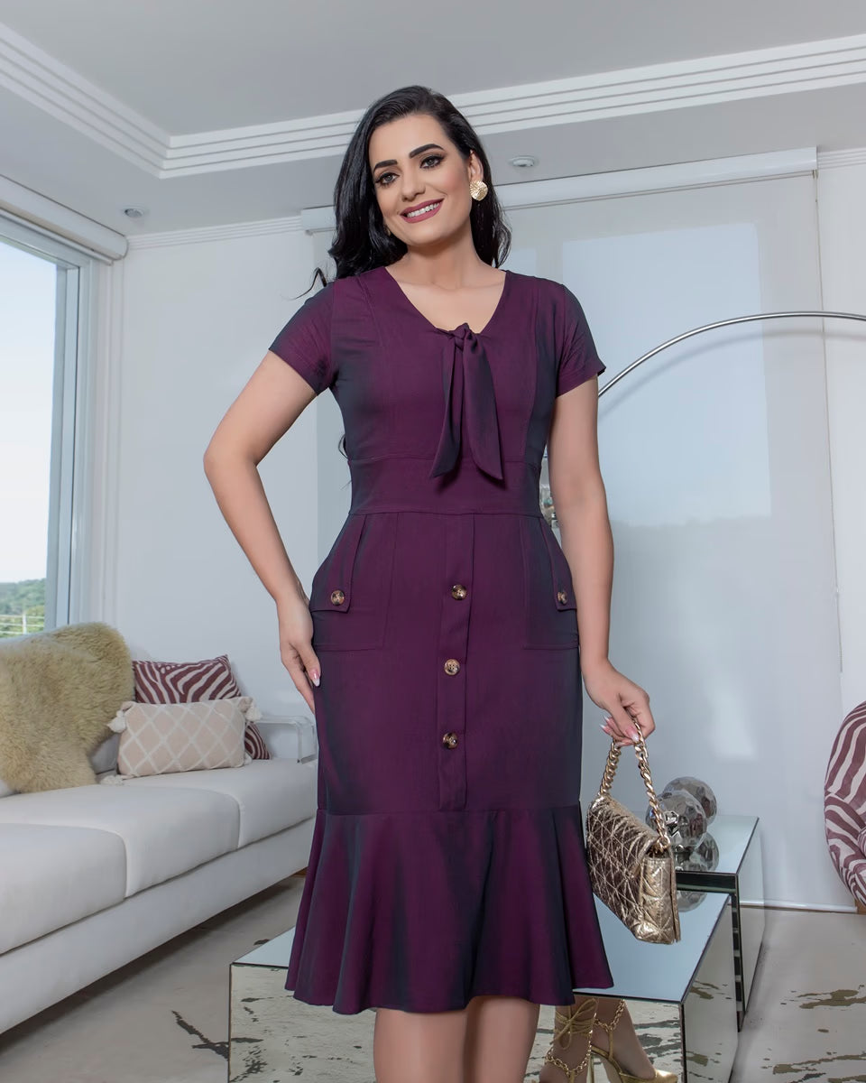 Vestido Midi Jeans Chambray Com Pesponto Botões e Bolsos 3001